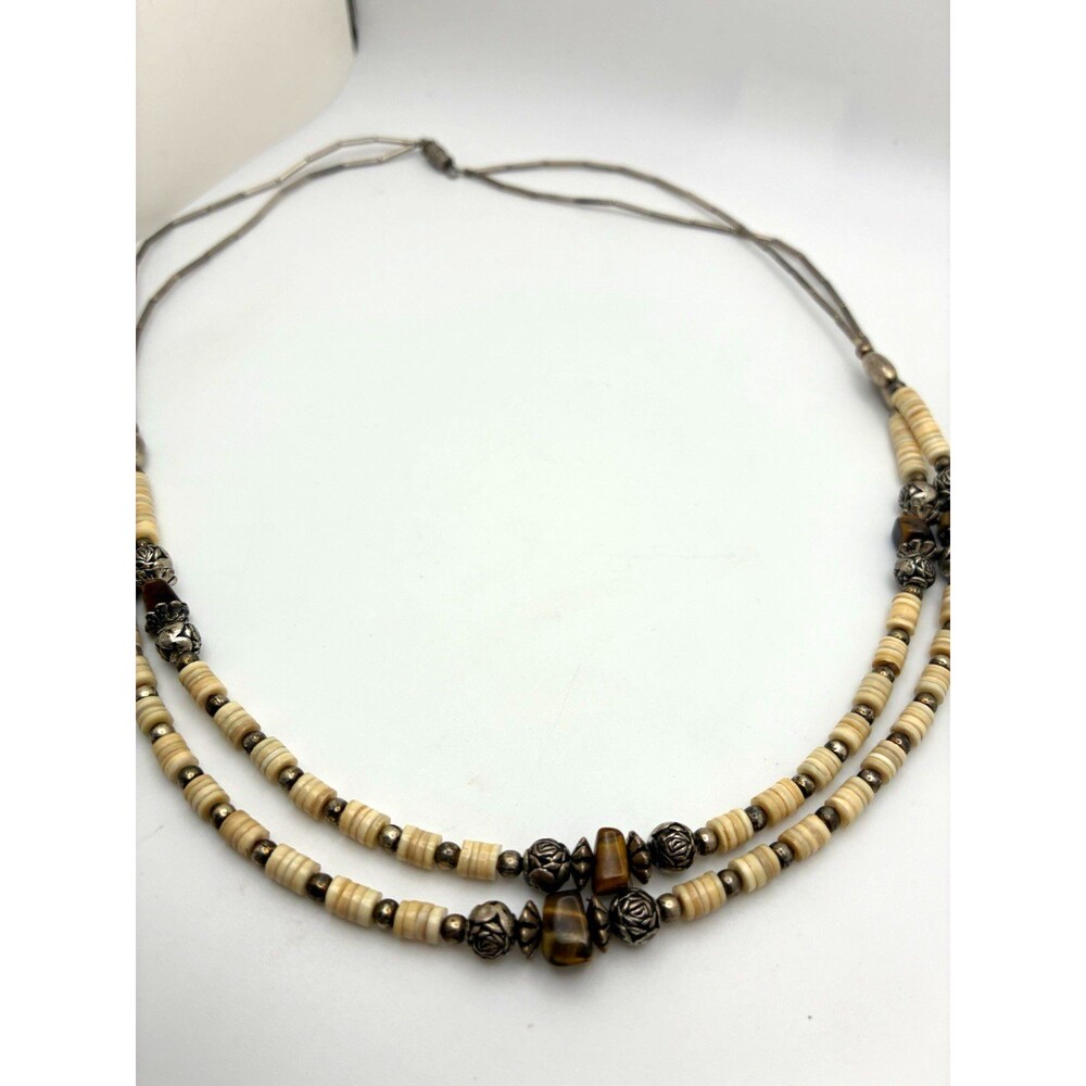 Double Strand Tigers Eye Beaded Necklace Beige Brown Silver Tone Barrel Clasp